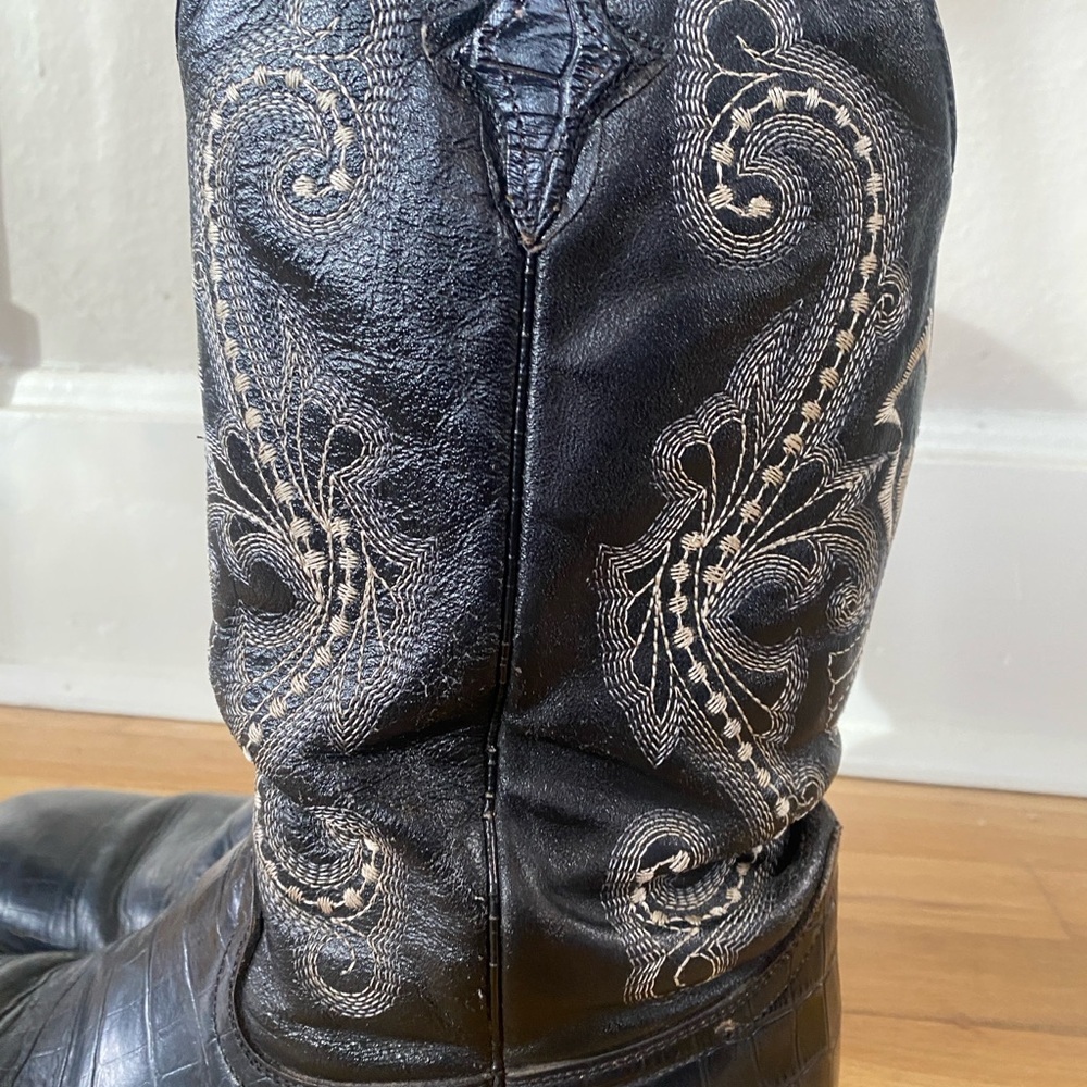 FERRINI Cowboy Boots Black Teju Lizard Skin with White Stitching Men Size 10.5 - Picture 3 of 9